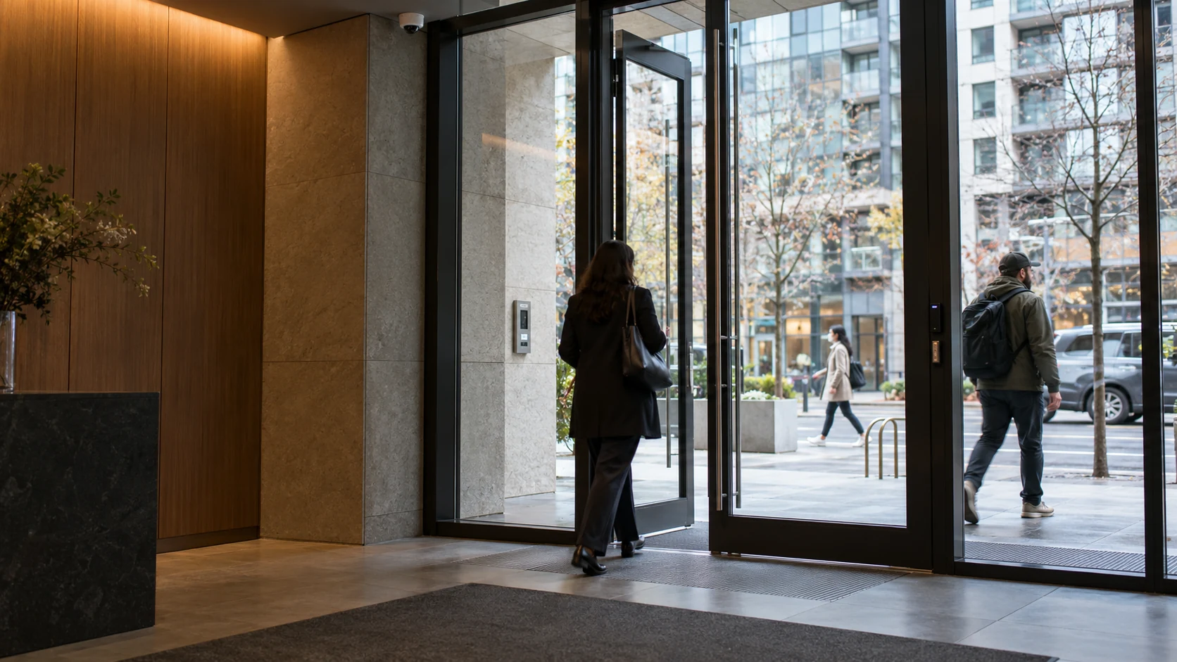 People moving through a modern building lobby with integrated video surveillance and access control