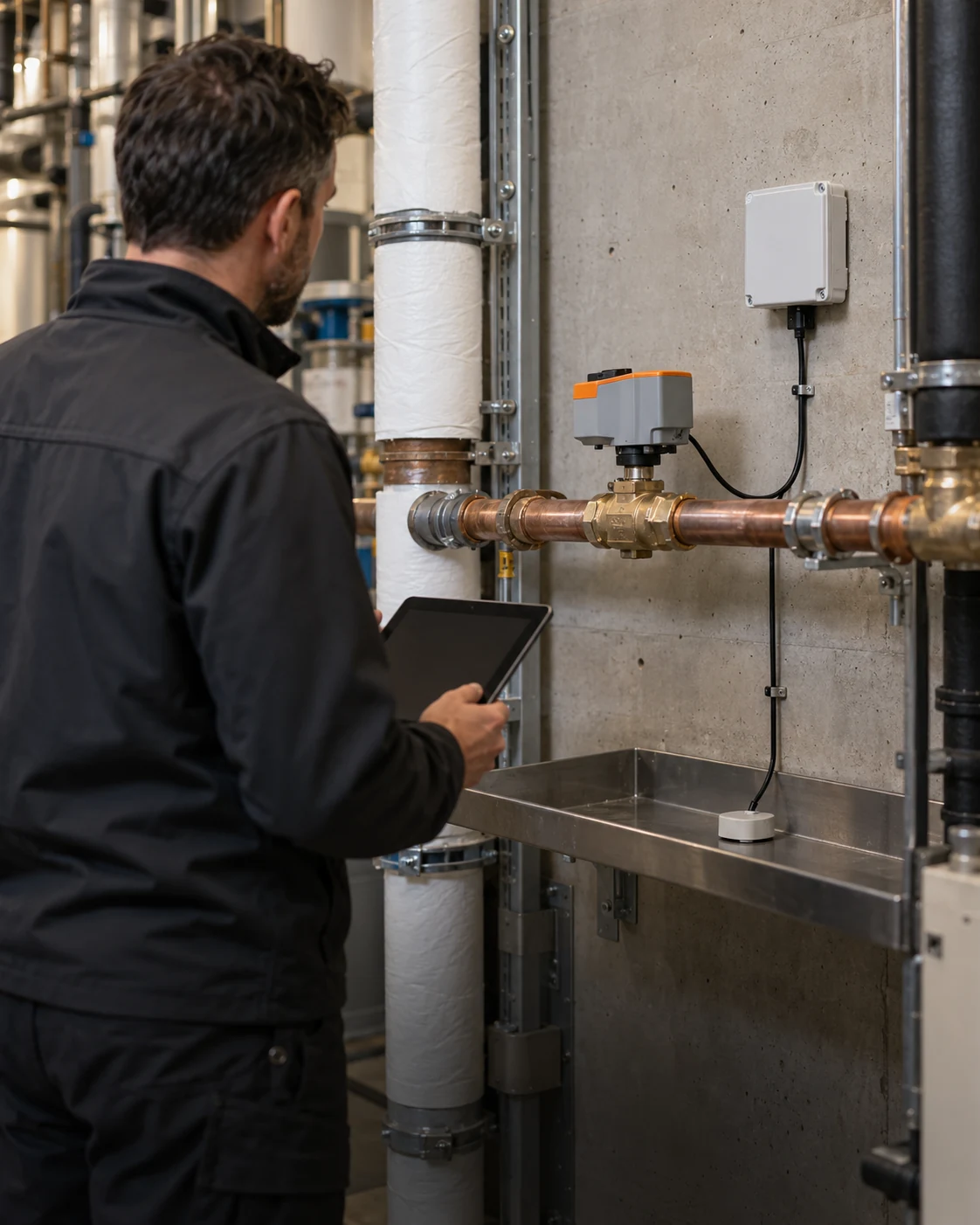 Technician inspecting a connected water valve and leak detection sensor