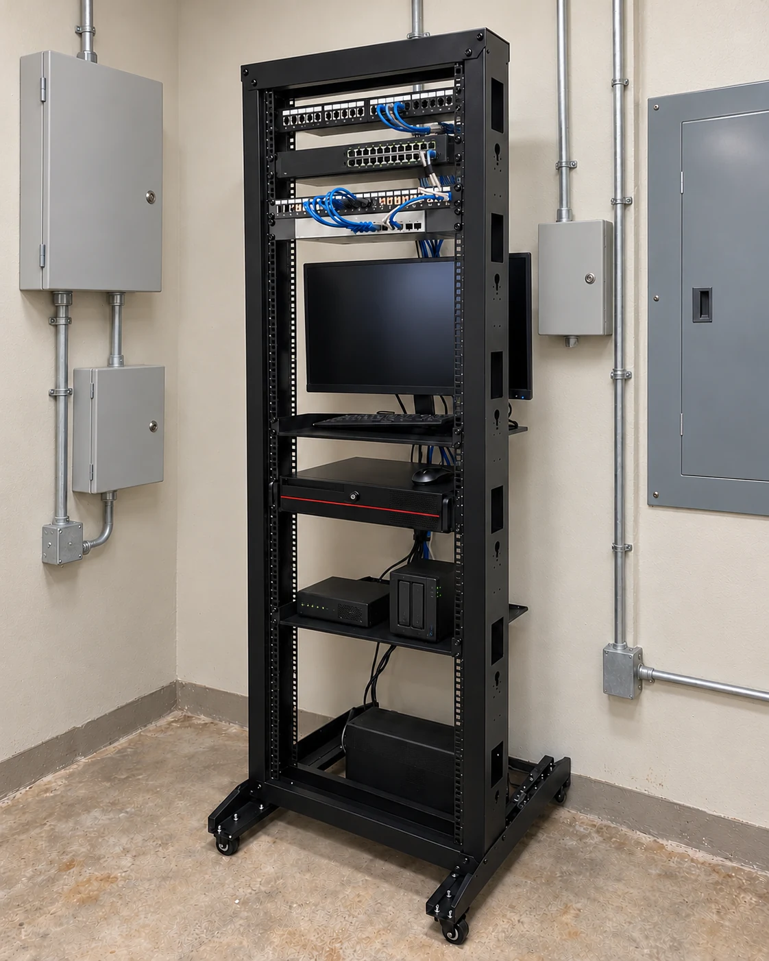 Residential communications rack with organized network equipment, monitor, recorder and wall-mounted control cabinets